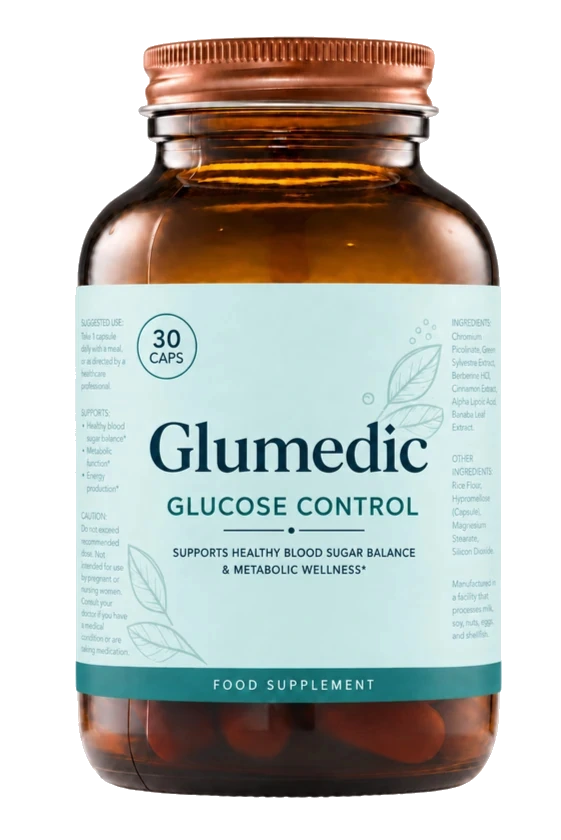 Glumedic Glucose Control food supplement, amber glass bottle containing 30 capsules